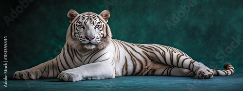 Majestic white tiger lying down on teal background.