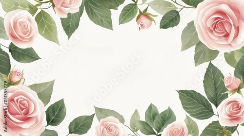Wallpaper Mural Soft Pink Roses with Green Leaves in a Decorative Frame on White Background Torontodigital.ca