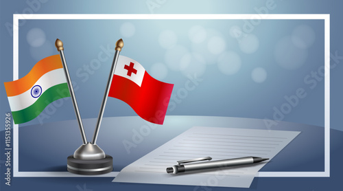 India and Tonga National flags on small table with bokeh background, cooperative relationship