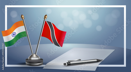 India and Trinidad and Tobago National flags on small table with bokeh background, cooperative relationship