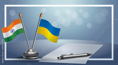 India and Ukraine National flags on small table with bokeh background, cooperative relationship