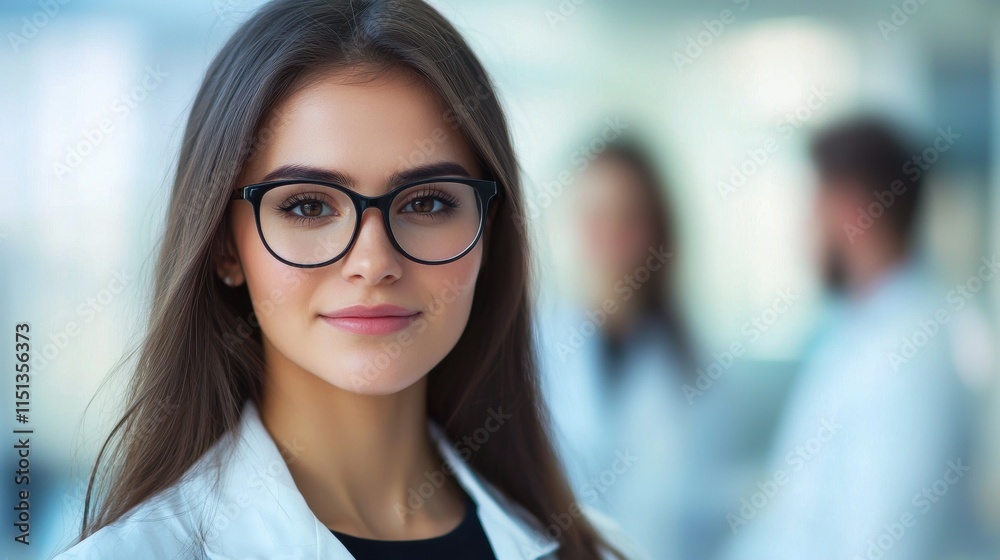 Confident Female Scientist in Laboratory Setting with Colleagues in Background Confident Female Scientist in Laboratory Setting with Colleagues in Background