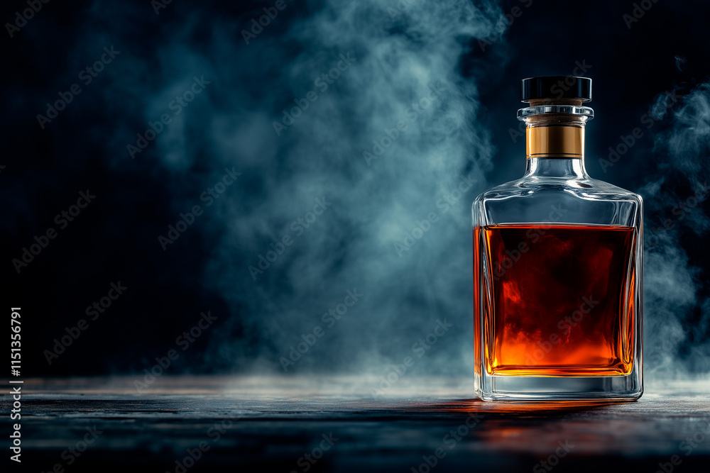 Decanter of Amber Liquid on Dark Wooden Surface with Smoky Background Decanter of Amber Liquid on Dark Wooden Surface with Smoky Background