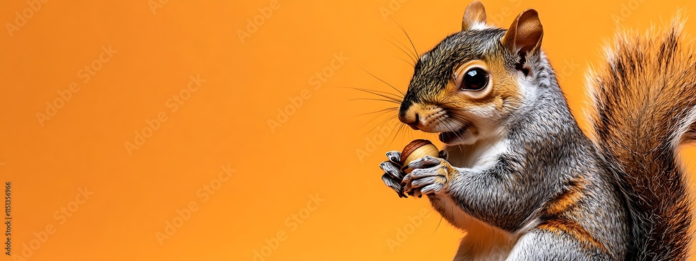 Obraz premium Squirrel eating nut against orange background.