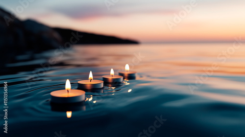Four Tealight Candles Floating in Water at Sunset