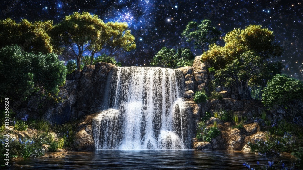 Obraz premium A scenic waterfall illuminated by moonlight, surrounded by shadowy trees under the starry sky.