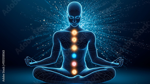 Wireframe Figure with Illuminated Chakras in Meditation Pose
