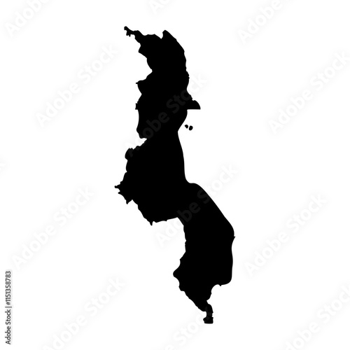 Malawi high detailed vector representation of country silhouette in solid black on white background. For educational, decorative, or informational use showcasing the national outline.