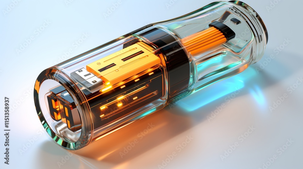 Transparent glass energy cell with internal components.