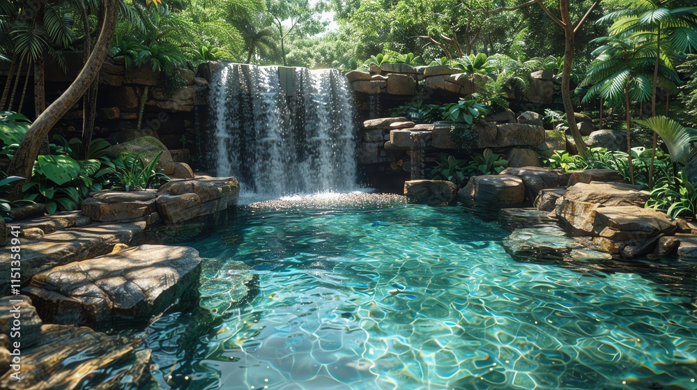 Naklejka premium Tranquil waterfall cascading into a serene pool surrounded by lush greenery.