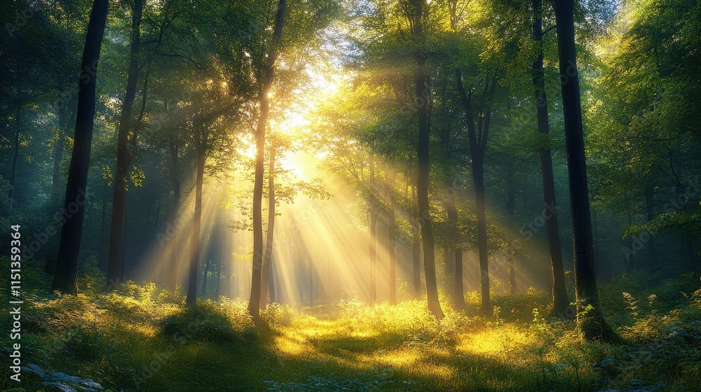 Obraz premium Sunlight streaming through tall trees in a dense forest, creating a magical glow.