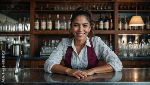 Young smiling bartender leaning on the counter of a restaurant bar with shelves full of bottles in the background