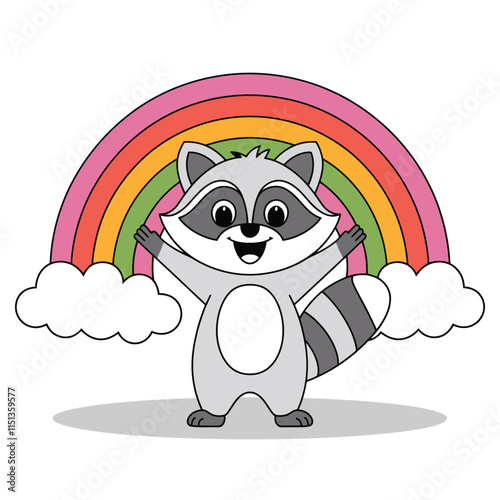 Cute Raccoon with Rainbow Cartoon Illustration