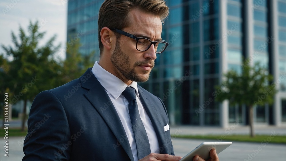 Businessman using digital tablet in front of modern office building