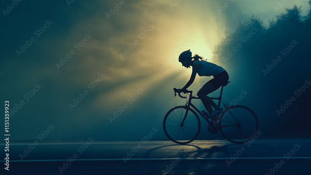 Obraz premium woman cycling during summer on the road during midnight with a profile angle 