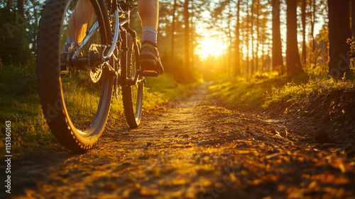riding a mountainbike during spring in the forest during sunset with a low Angle 