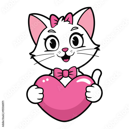 Adorable White Cat Holding a Pink Heart Illustration