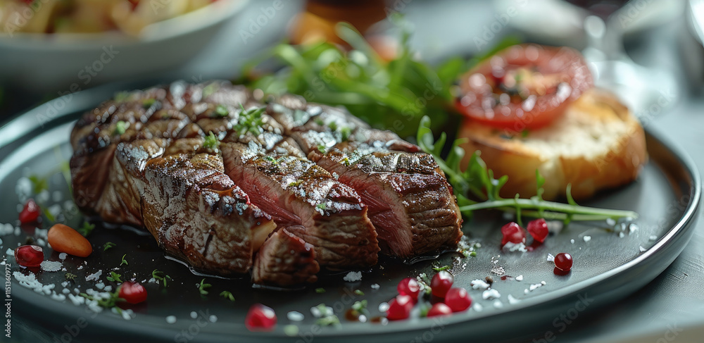 A dinner very delicious, beef, bread and salad, Minimalist decoration.