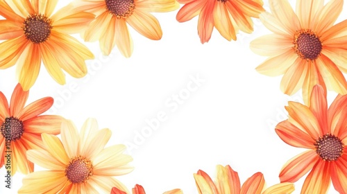 Colorful flower card design featuring vibrant orange and yellow petals arranged in a creative border