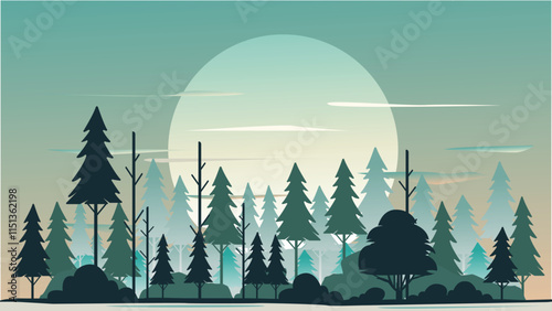 Minimalist Forest Illustration With Calm Sky Gradations. The Simplicity In The Design Reflects Natural Beauty Without Distractions, Green Trees And Gradient Skies. 
