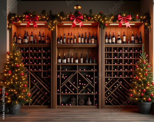 Wooden wine racks and shelves with twinkling Christmas lights and red bows Generative AI