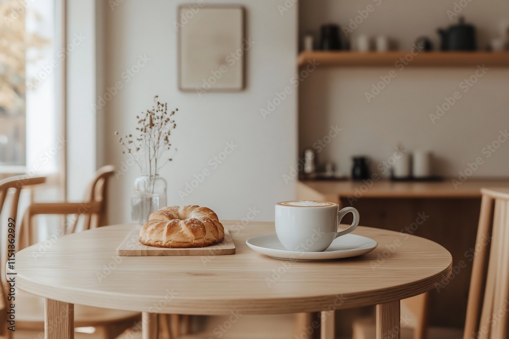 Cozy Scandinavian Cafe with Latte and Danish Pastry on Clean White Plate Cozy Scandinavian Cafe with Latte and Danish Pastry on Clean White Plate