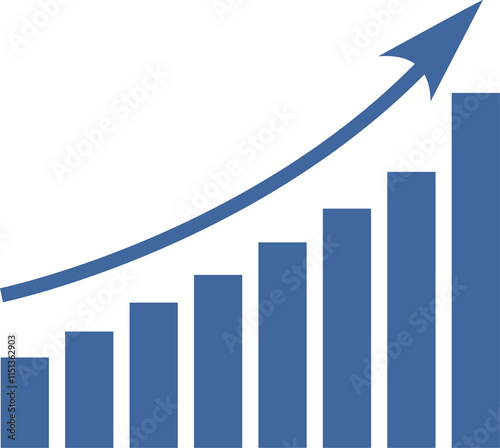 Blue and white graphic with a blue arrow pointing up. The graph consists of blue rectangles that overlap each other. Concept of growth and progress. Transparent background