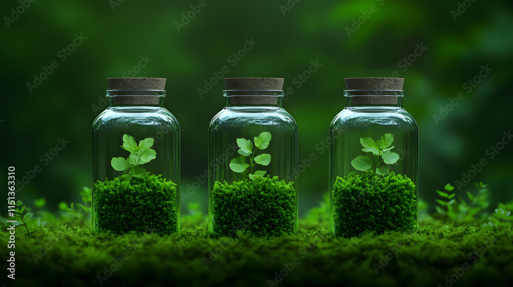 Three glass vials filled with green moss resting on the table
Three glass vials filled with green moss resting on the table