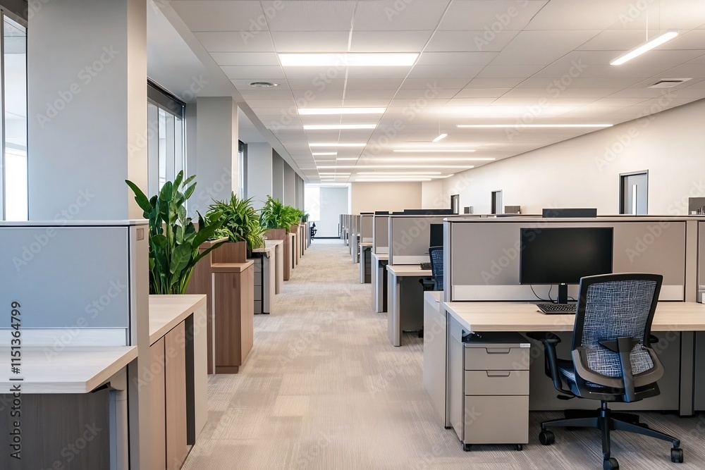 Spacious corporate office with modern cubicles computers and personalized decor under soft Spacious corporate office with modern cubicles computers and personalized decor under soft
