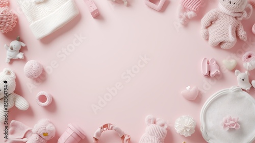 Adorable pink baby accessories arranged beautifully on a pastel background.