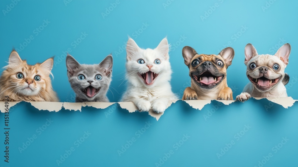 Naklejka premium Charming pets emerging from holes arrangement, snow white cat portrait, tan spitz dog laughing, blue-eyed gray kitten, fawn pug silly face, detailed fur rendering, cerulean blue background, clean
