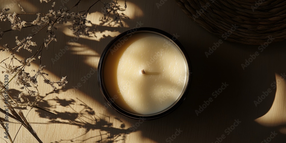 Top view of a soy wax candle showcasing the crafting process, highlighting the intricate details and strong shadows created by the soy wax candle s unique texture and shape. Top view of a soy wax candle showcasing the crafting process, highlighting the intricate details and strong shadows created by the soy wax candle s unique texture and shape.