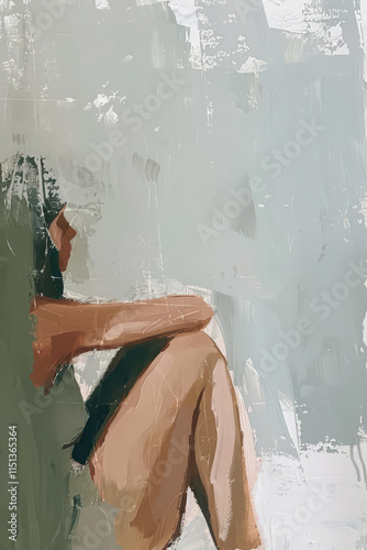 minimalist oil painting depicting woman sitting in contemplative pose, showcasing abstract art with soft colors and emotional depth