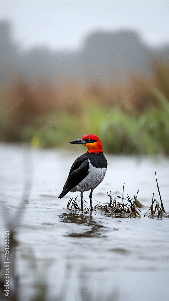 Fototapeta premium Red-crested Cardinal wading in wetland, misty background, wildlife photography.