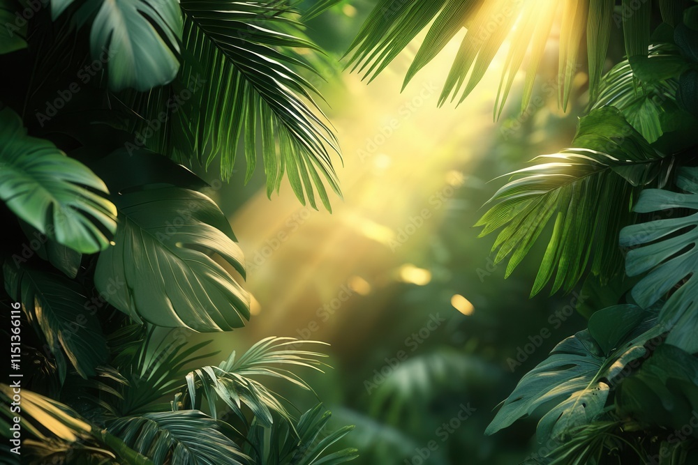 bali-inspired template features a green background adorned with tropical palm and banana leaves, illuminated by atmospheric sunlight rays, creating an exotic and inviting ambiance bali-inspired template features a green background adorned with tropical palm and banana leaves, illuminated by atmospheric sunlight rays, creating an exotic and inviting ambiance
