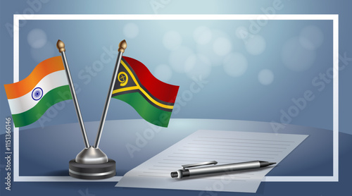 India and Vanuatu National flags on small table with bokeh background, cooperative relationship