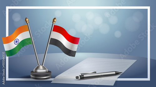 India and Yemen National flags on small table with bokeh background, cooperative relationship
