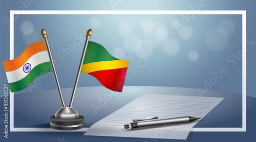 India and Republic of North Congo National flags on small table with bokeh background, cooperative relationship