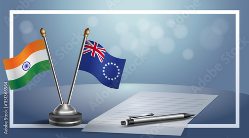 India and Cook Islands National flags on small table with bokeh background, cooperative relationship
