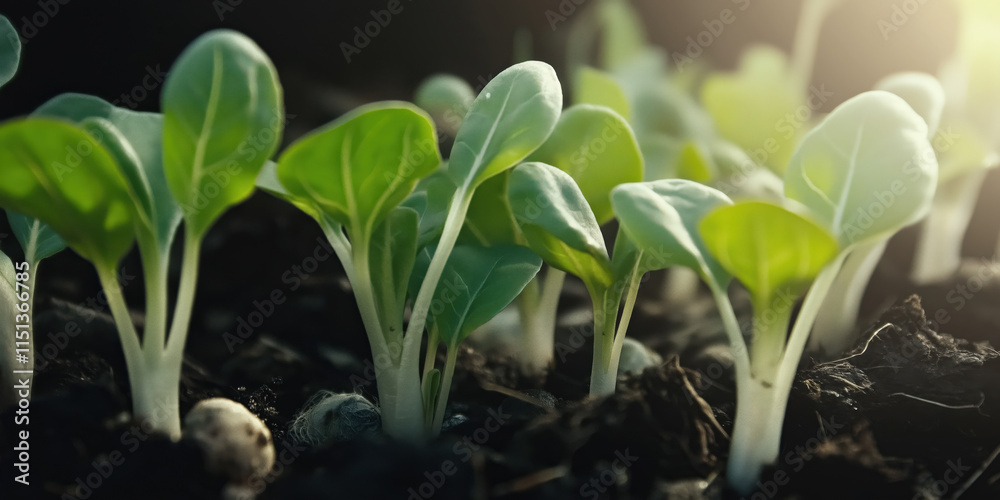 Young green plants sprouting in soil