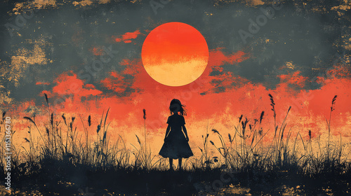 silhouette of girl stands in field at sunset, surrounded by tall grass. vibrant orange sun casts warm glow against dark sky, creating serene atmosphere
