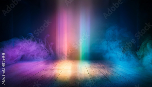 Abstract 3d room scene with colorful prism Light Overlay and smoke effect