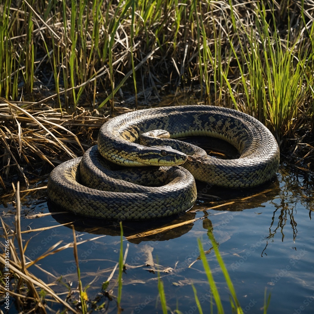 An anaconda coiled in the shadows near a swampy lagoon, surrounded by reeds. An anaconda coiled in the shadows near a swampy lagoon, surrounded by reeds.