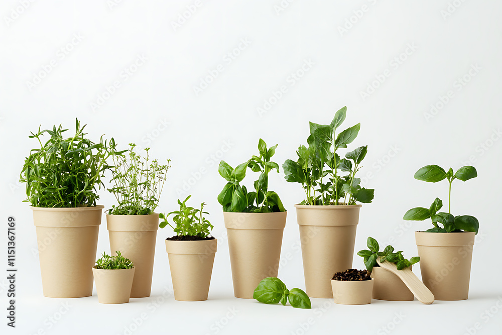 Fototapeta premium Assortment of Fresh Herbs in Neutral Pots