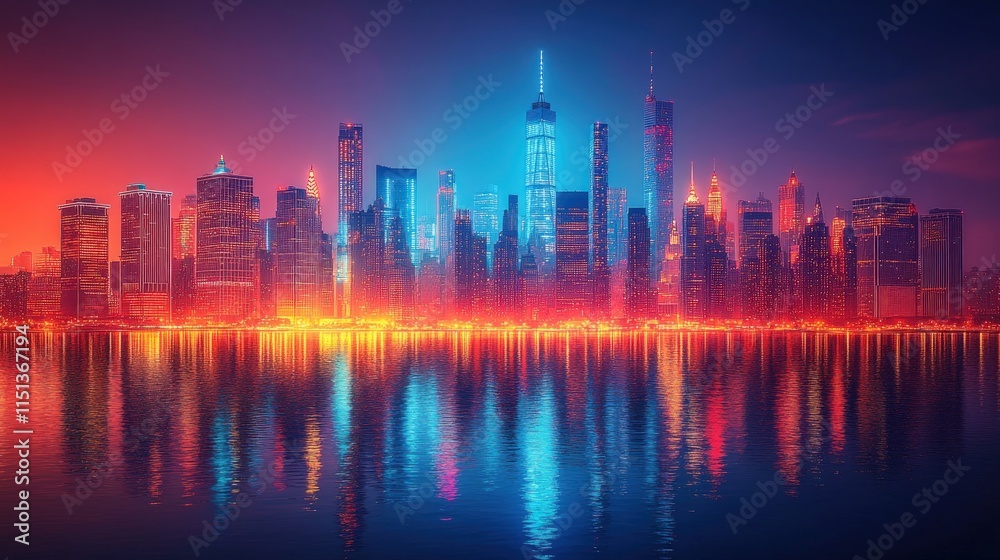 Neon-lit city skyline reflected in water. Neon-lit city skyline reflected in water.
