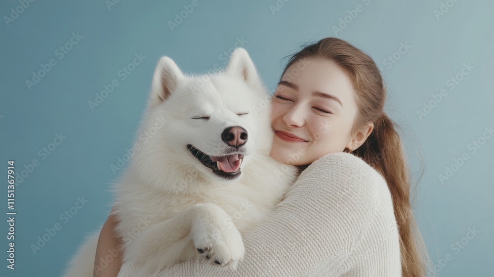 Fototapeta premium intimate pet portrait, woman cuddling fluffy samoyed dog, casual neutral outfit, pure joy emotional capture, minimalist pastel blue setting, professional studio shot, candid moment, high resolution
