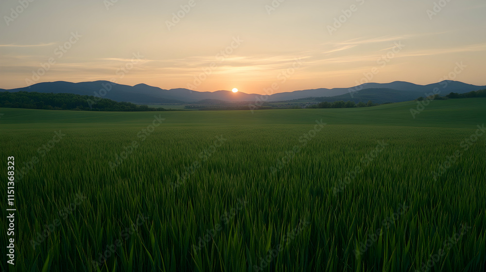Sunset over green field, mountain backdrop, peaceful nature scene, ideal for travel brochures. Sunset over green field, mountain backdrop, peaceful nature scene, ideal for travel brochures.