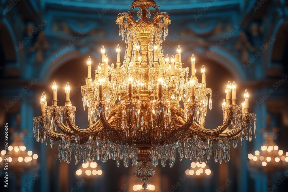 Obraz premium Ornate gold chandelier, crystal drops, glowing lights.