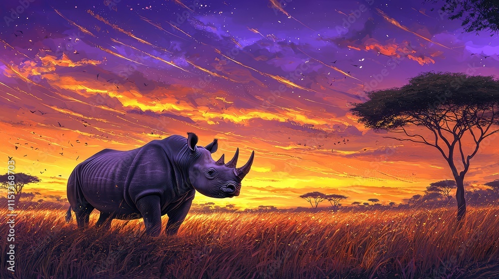 Fototapeta premium rhinoceros stands in a vibrant sunset landscape
