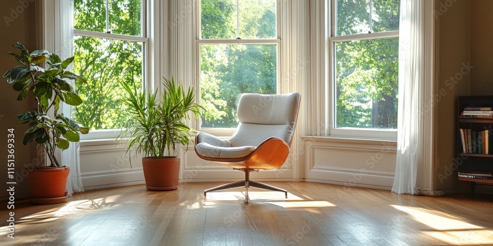 Fototapeta premium Cozy living room corner featuring a stylish chair, two bright windows, and beautiful hardwood flooring, creating an inviting atmosphere perfect for relaxation in this living room space.